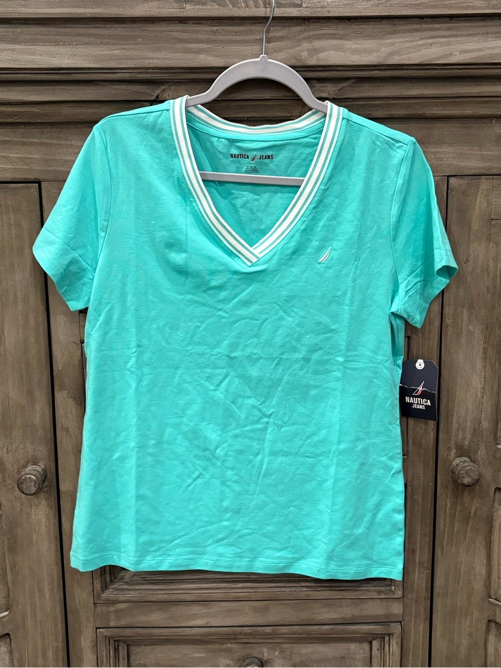 NWT Women’s NAUTICA Bright Teal Green/White Casual V Neck Shirt (Medium)